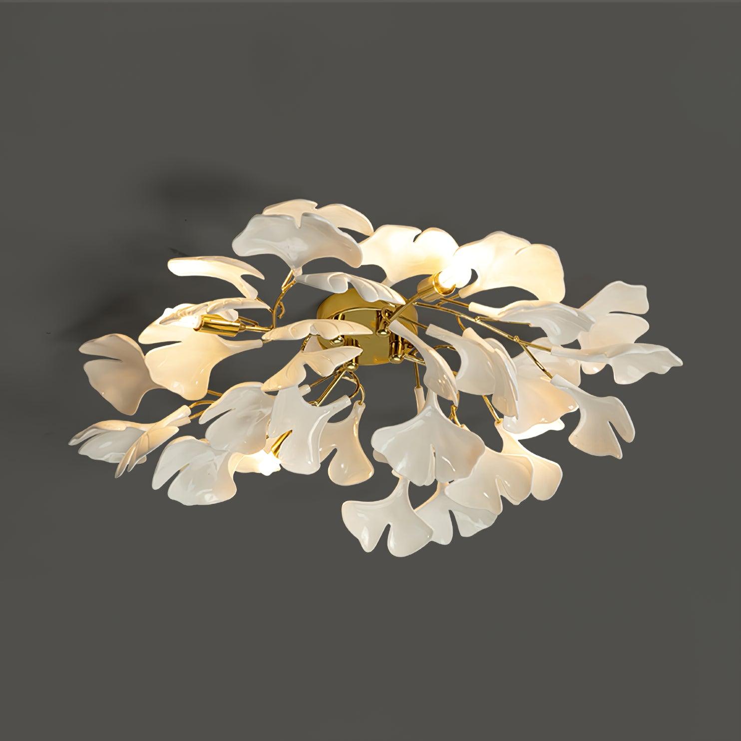 Elegant Gold Ginkgo Leaf Ceiling Lamp with White Ceramic Shades