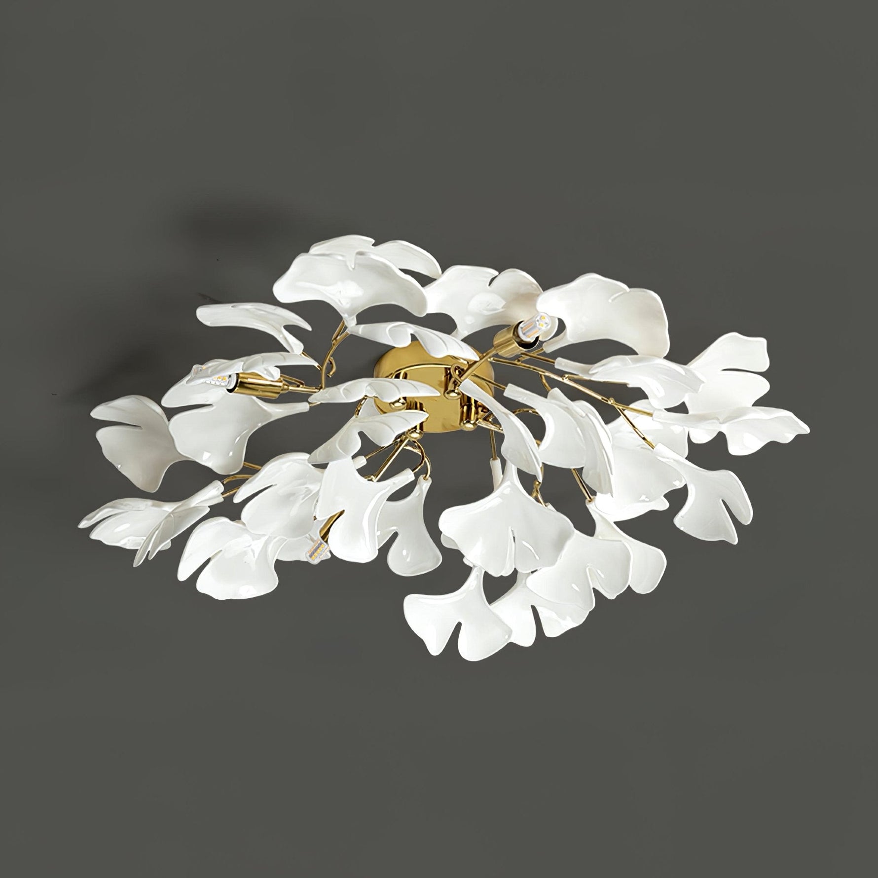 Elegant Gold Ginkgo Leaf Ceiling Lamp with White Ceramic Shades