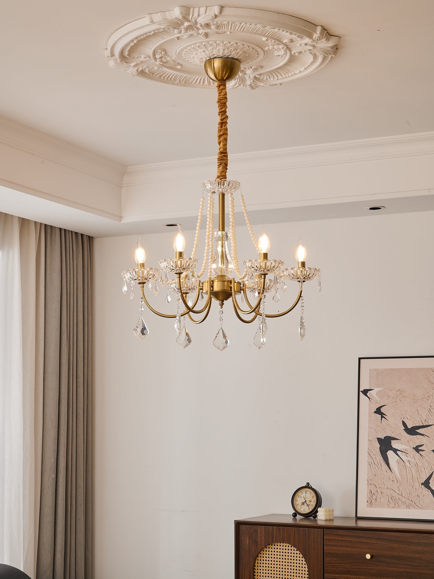 Glamour Pearl Crystal Chandelier with Gold Frame and Clear Shades