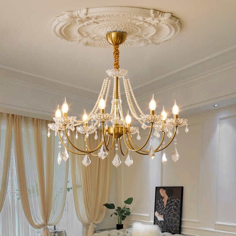 Glamour Pearl Crystal Chandelier with Gold Frame and Clear Shades