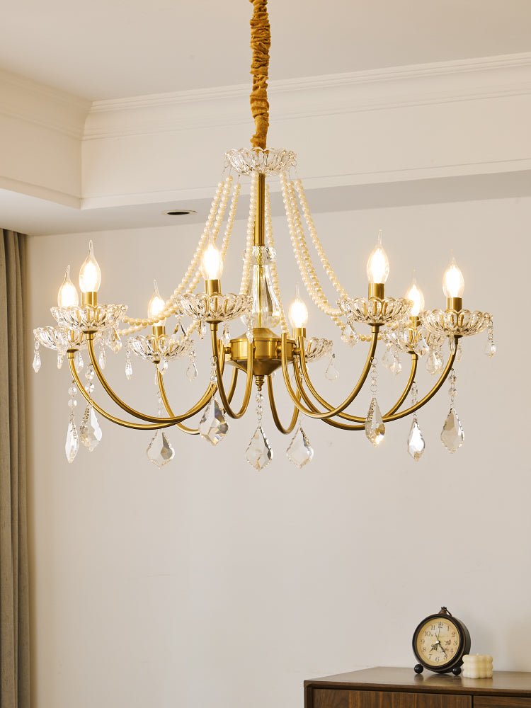 Glamour Pearl Crystal Chandelier with Gold Frame and Clear Shades