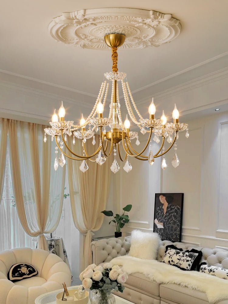 Glamour Pearl Crystal Chandelier with Gold Frame and Clear Shades
