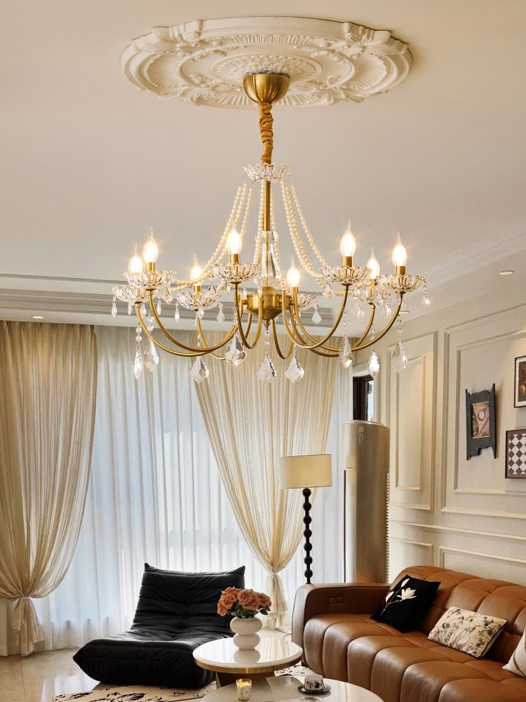 Glamour Pearl Crystal Chandelier with Gold Frame and Clear Shades
