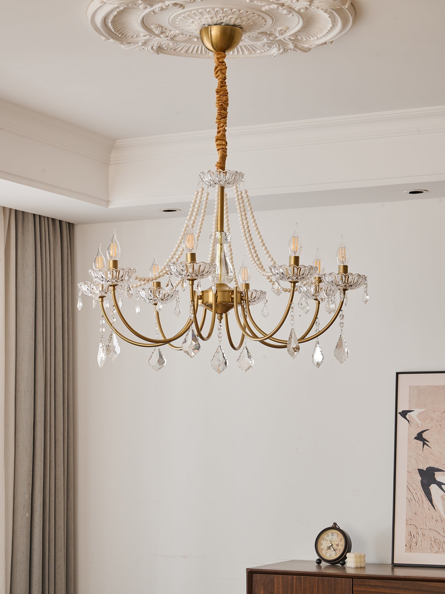 Glamour Pearl Crystal Chandelier with Gold Frame and Clear Shades