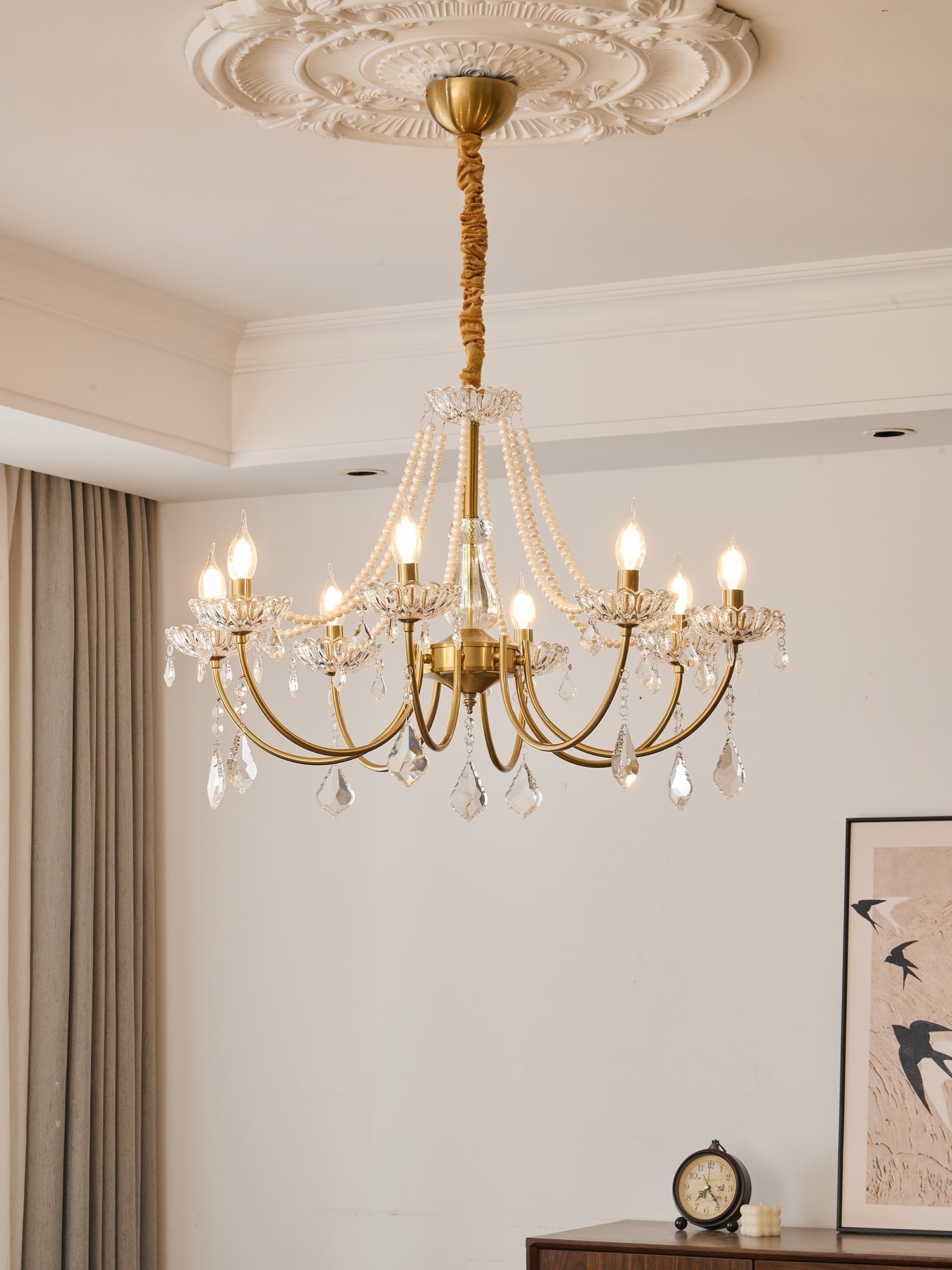 Glamour Pearl Crystal Chandelier with Gold Frame and Clear Shades