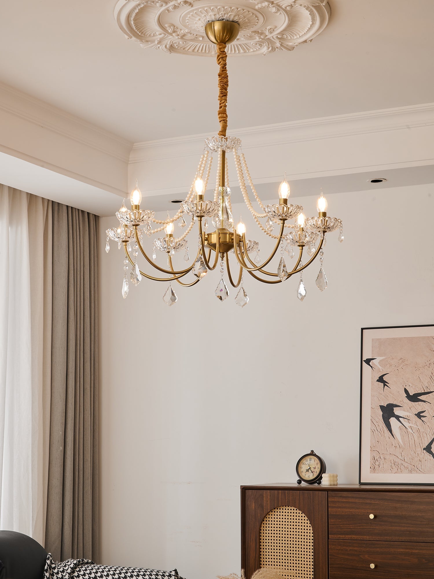 Glamour Pearl Crystal Chandelier with Gold Frame and Clear Shades