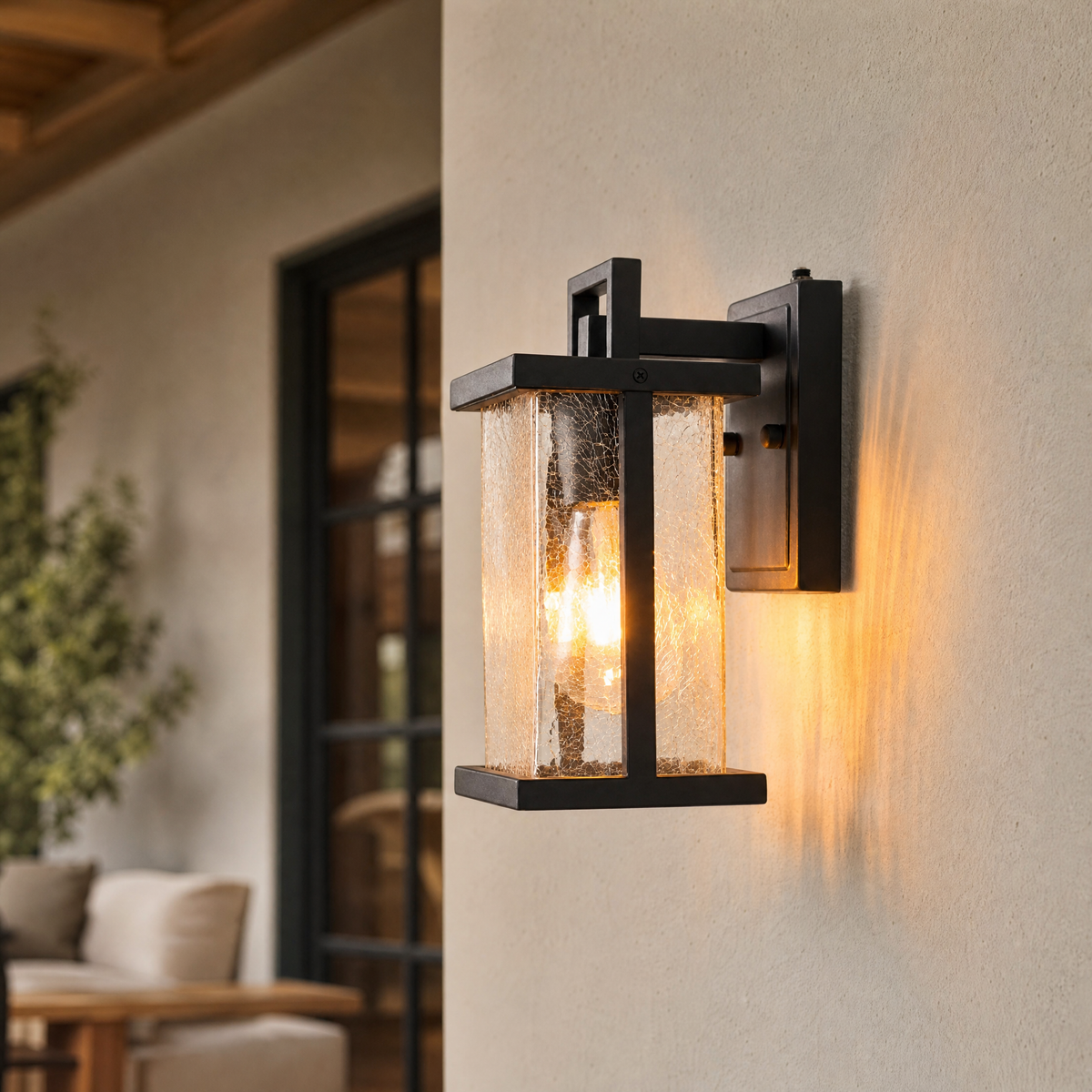 Glass Wall Sconce Craftsman Sand Black Iron Seeded Glass 1-Light 11.0"H for Porch