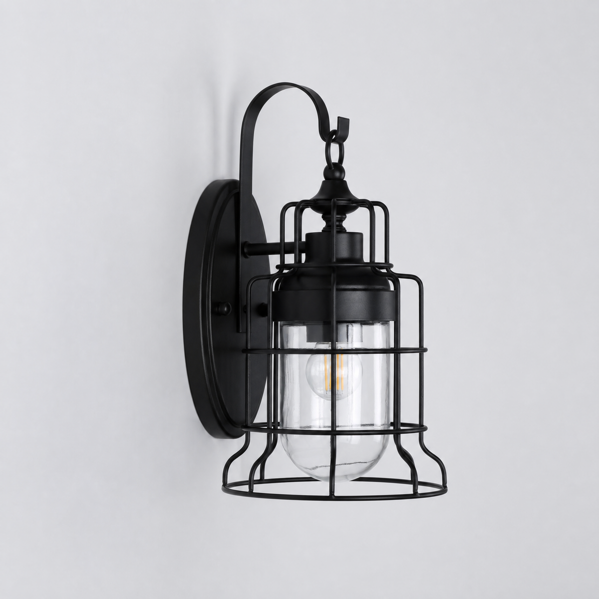 Glass Wall Sconce Industrial Black Iron 1-Light 15.7"H