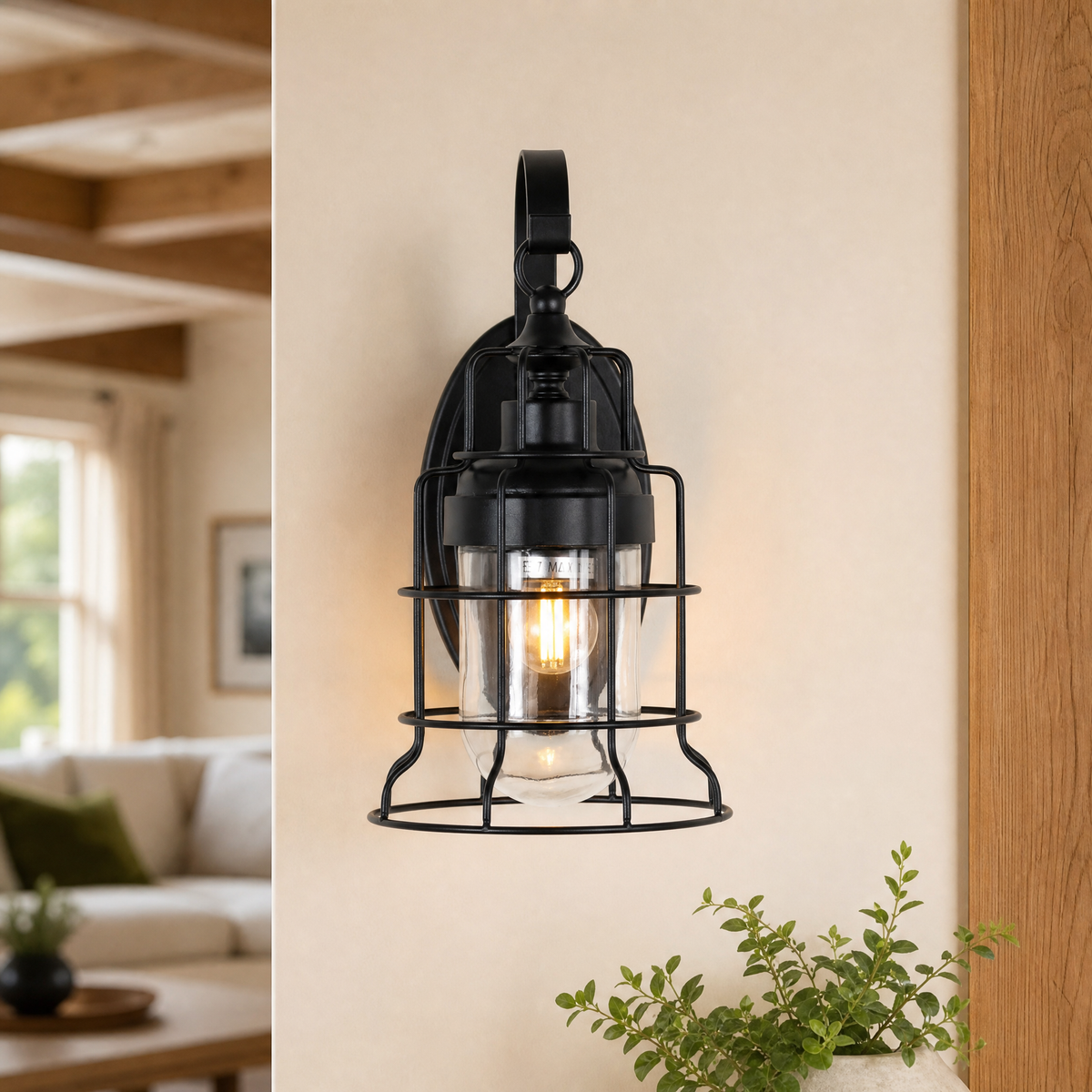 Glass Wall Sconce Industrial Black Iron 1-Light 15.7"H