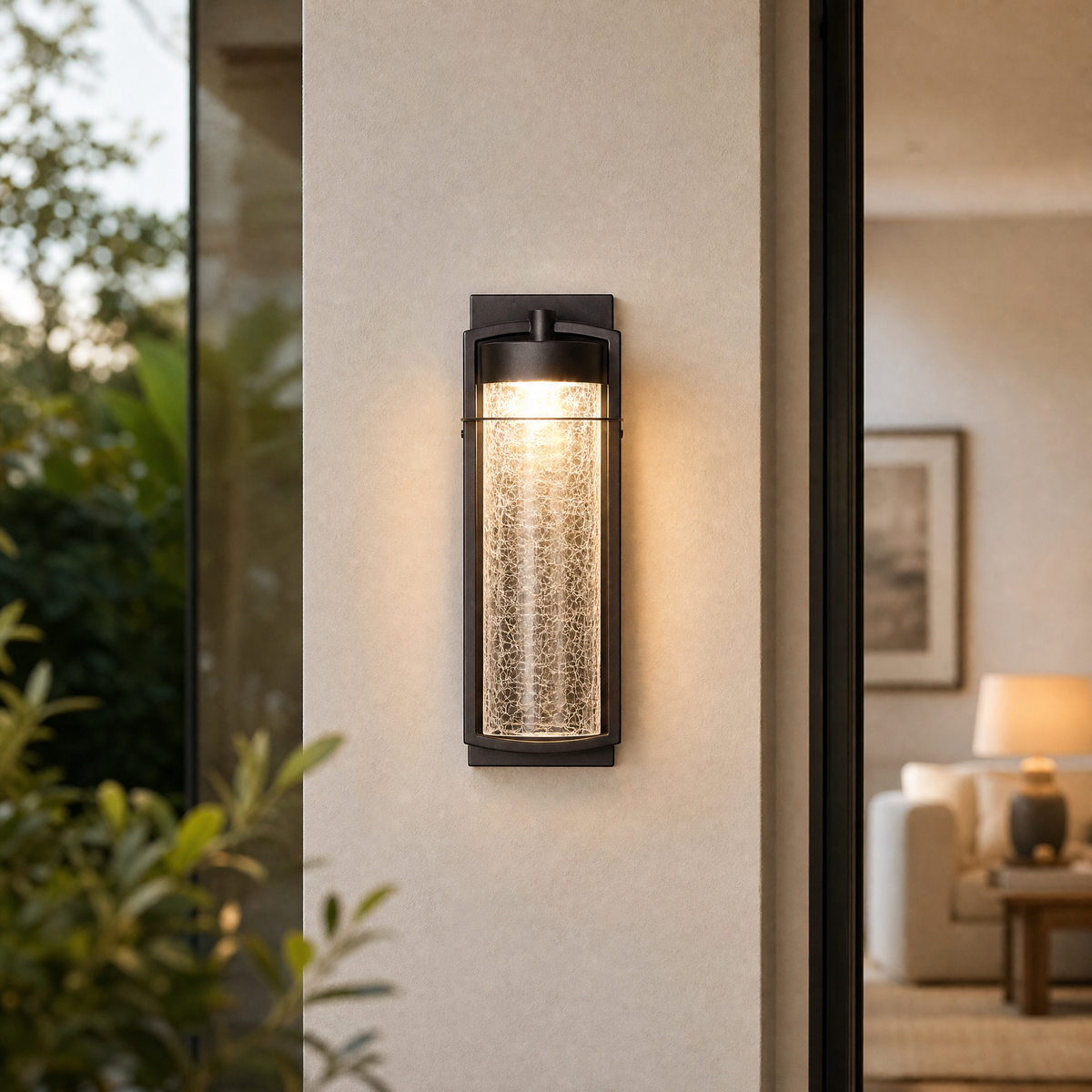 Glass Wall Sconce Modern Sand Black Iron Crackle Glass 1-Light 13.8"H for Porch
