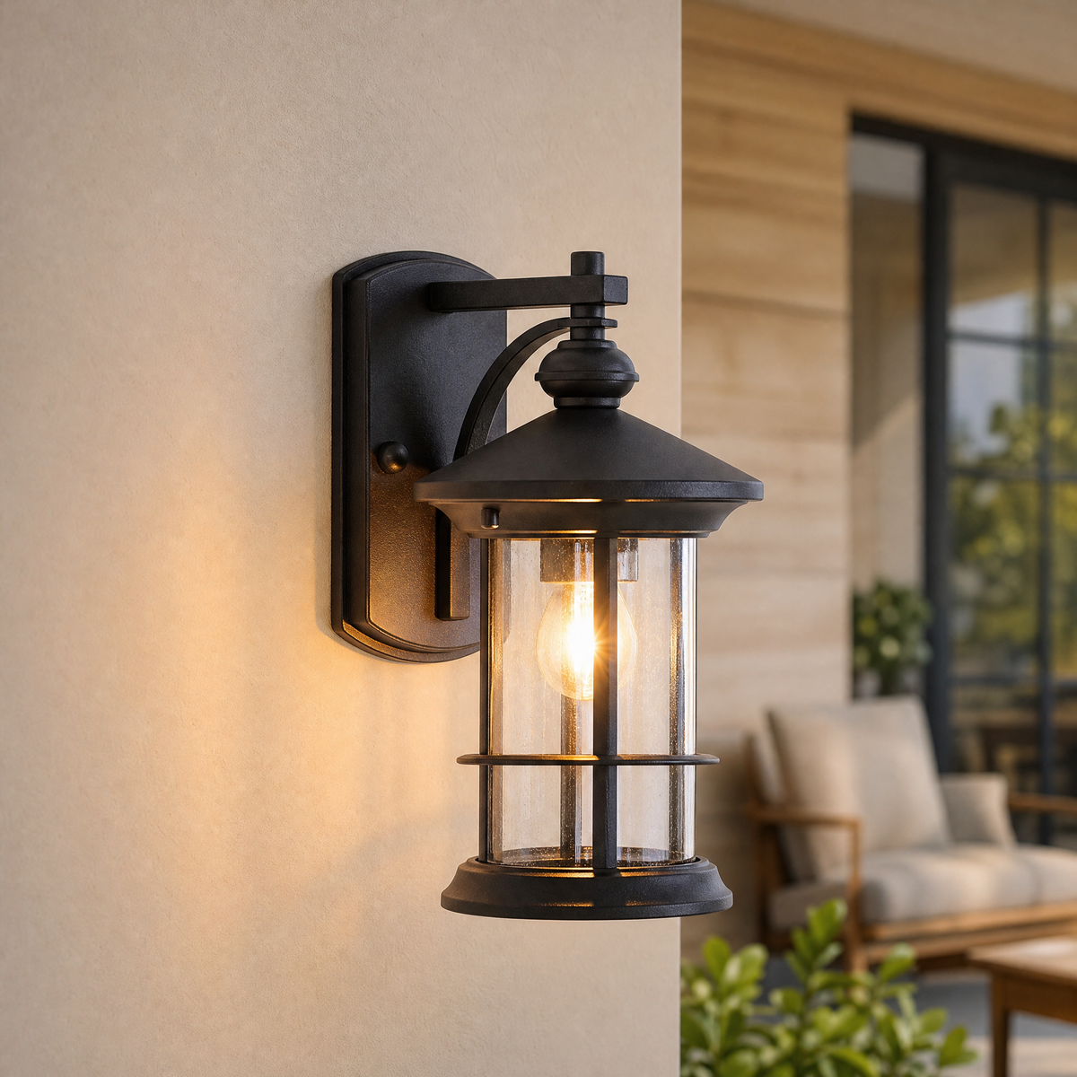 Glass Wall Sconce Nautical Sand Black Die-cast Aluminum 1-Light for Porch Patio
