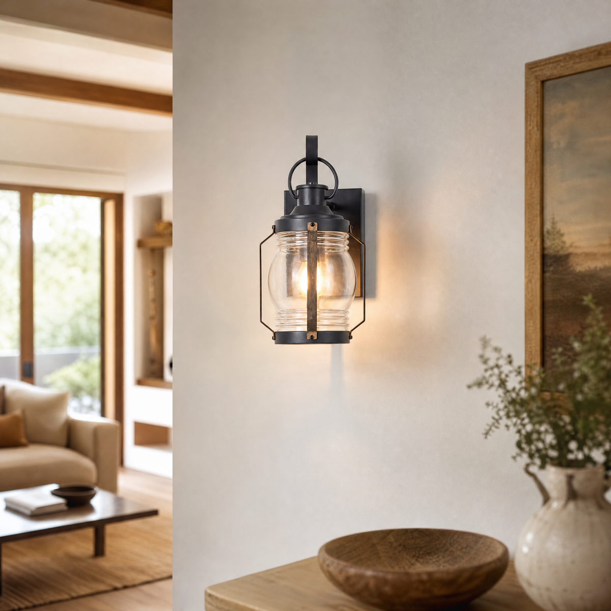 Glass Wall Sconce Traditional Sand Black Iron 1-Light 12.6"H for Porch Patio