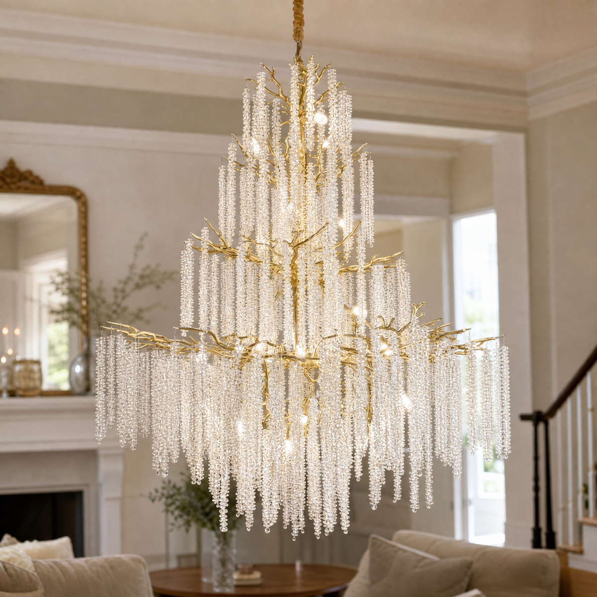 Gold Branch Chandelier with Cascading Crystal Raindrop Strands