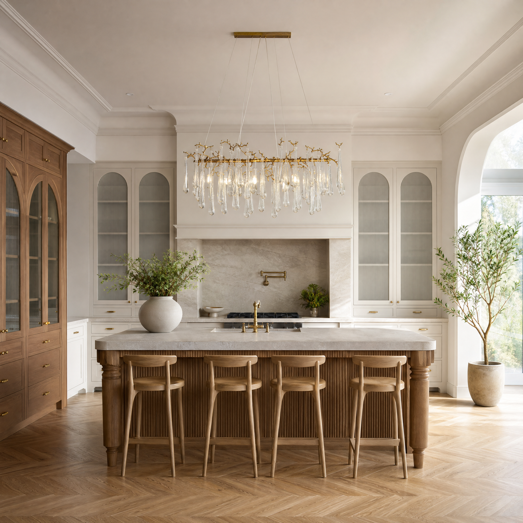 Gold Branch Chandelier with Seeded Glass Raindrop Pendants
