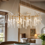Gold Branch Chandelier with Seeded Glass Raindrop Pendants