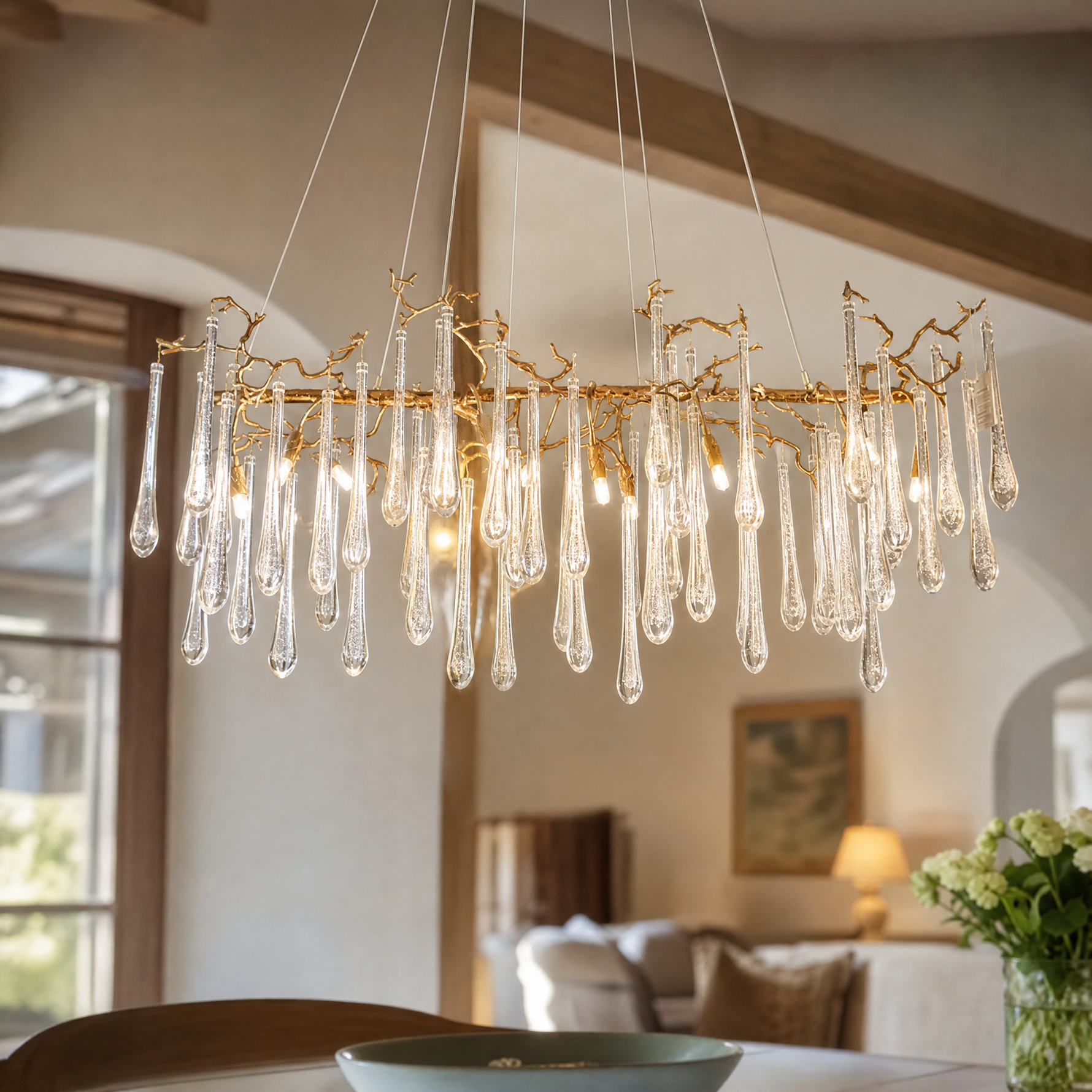 Gold Branch Chandelier with Seeded Glass Raindrop Pendants