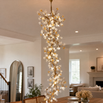 Gold Cascading Branch Chandelier with Crystal Glass Blossoms