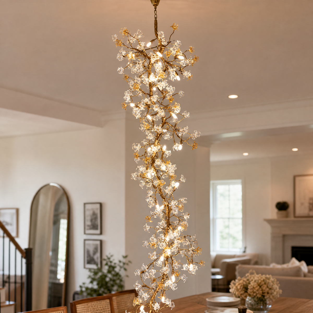 Gold Cascading Branch Chandelier with Crystal Glass Blossoms