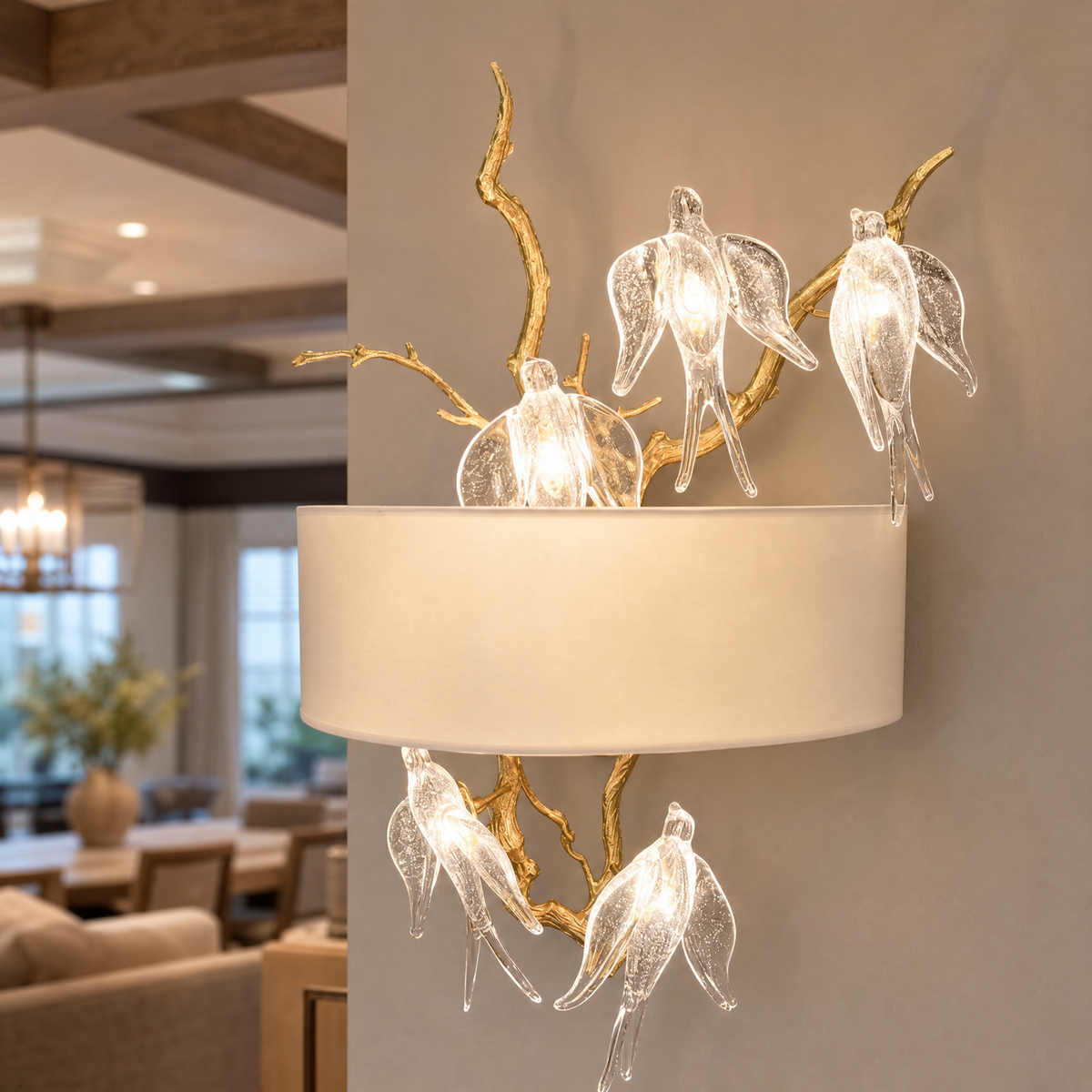 Gold Metal Branch Wall Sconce with Crystal Songbirds and Fabric Shade