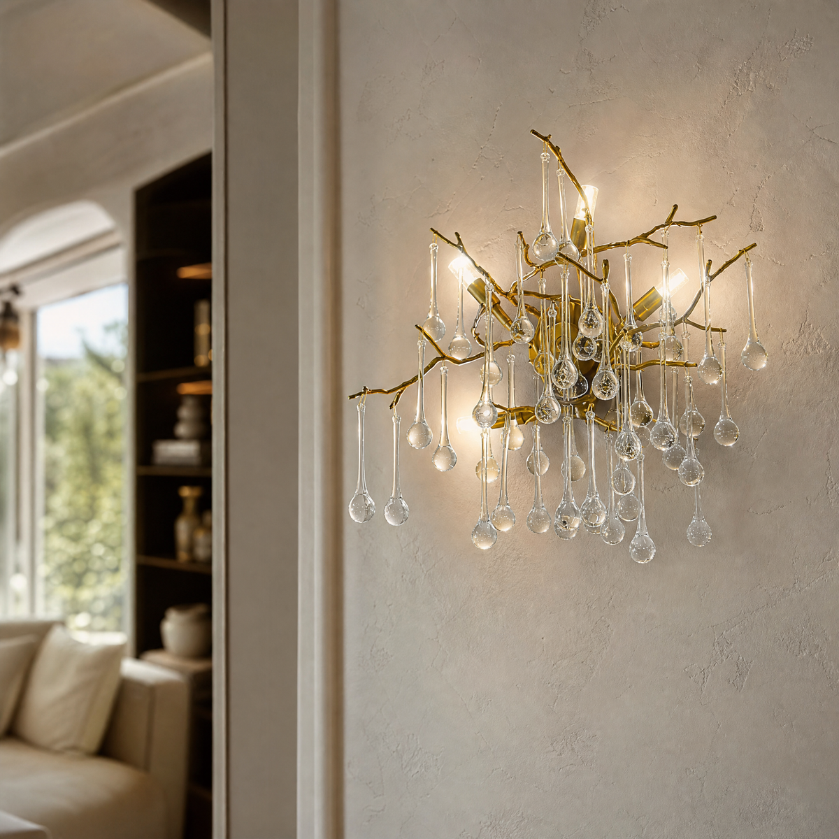 Gold Metal Branch Wall Sconce with Teardrop Crystals