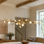 Gold Metal Tree Branch Chandelier with Frosted Glass Blossoms