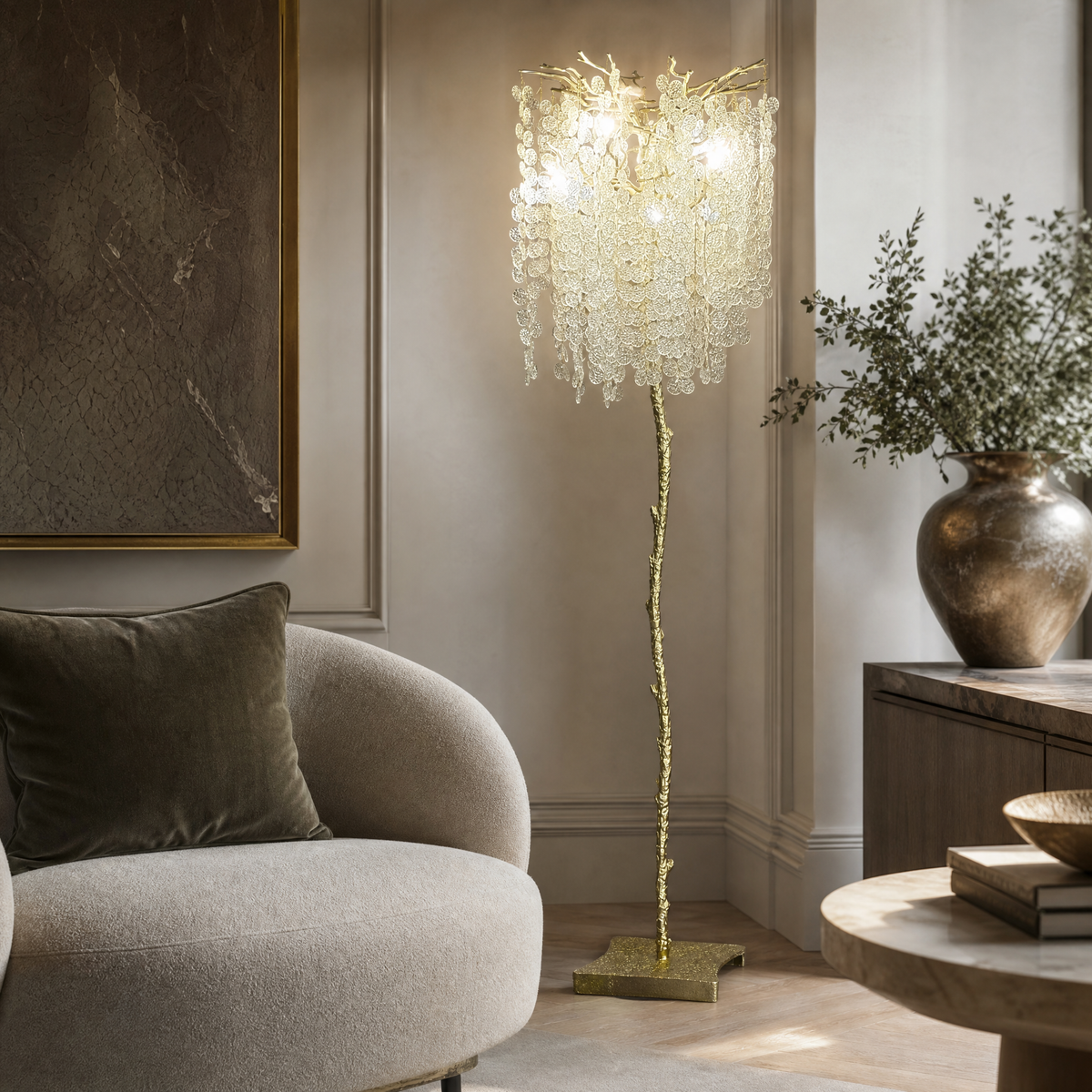 Gold Metal Tree Floor Lamp with Cascading Crystal Drops