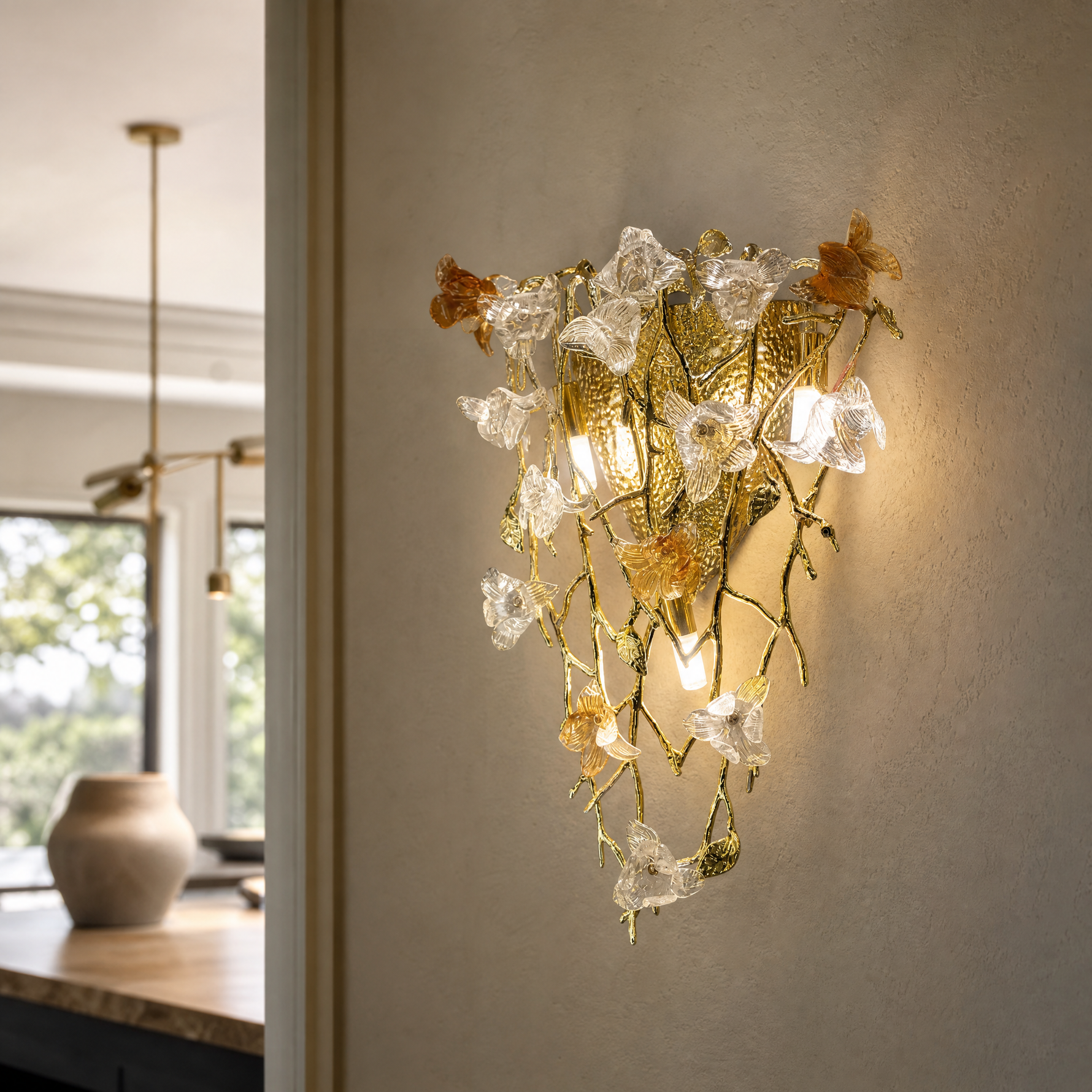 Gold Metal and Amber Glass Floral Vine Wall Sconce