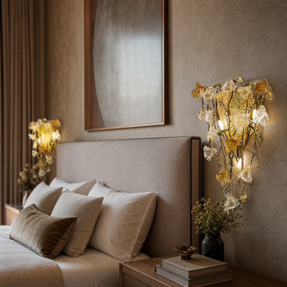 Gold Metal and Amber Glass Floral Vine Wall Sconce
