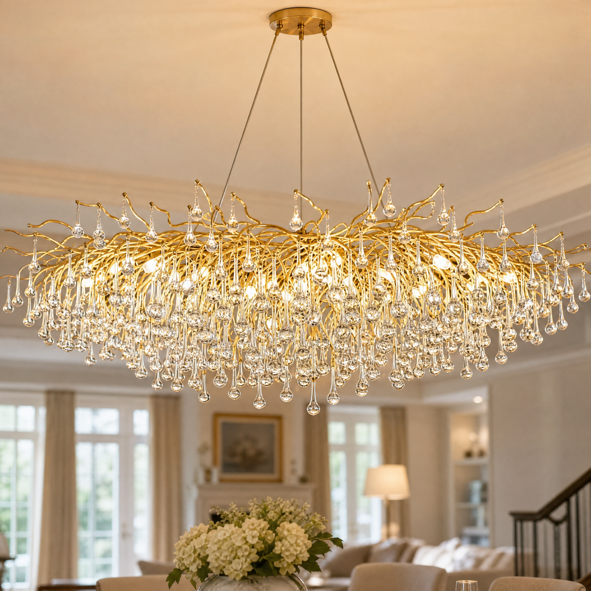 Gold Metal and Clear Crystal Teardrop Waterfall Chandelier