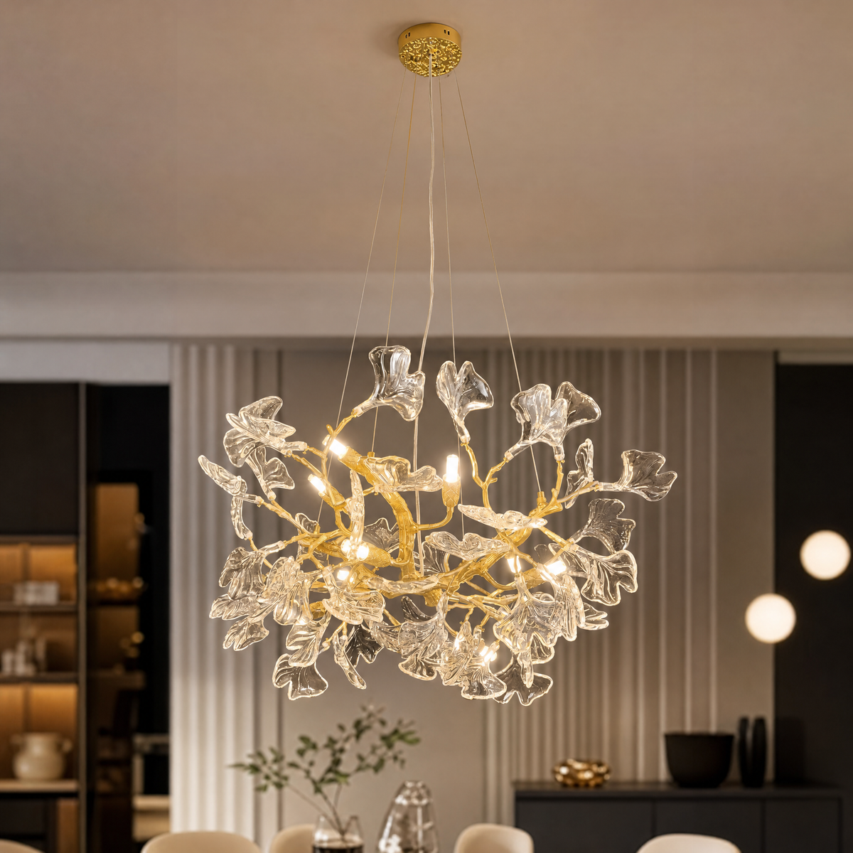 Gold Metal and Crystal Ginkgo Leaf Branch Chandelier
