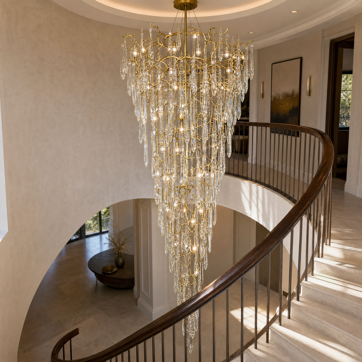 Gold Metal and Crystal Teardrop Waterfall Chandelier