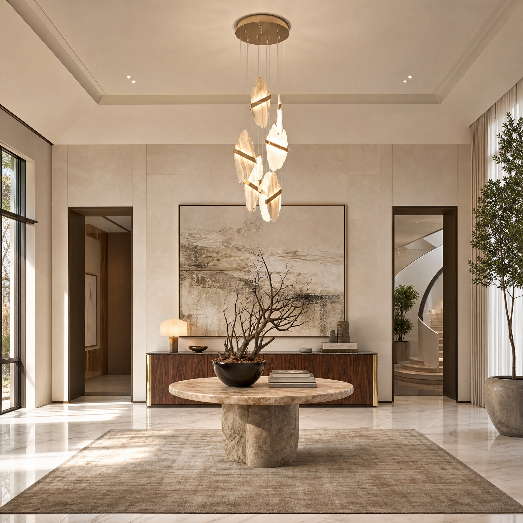 Gold-White Alabaster LED Chandelier with Seven Panels