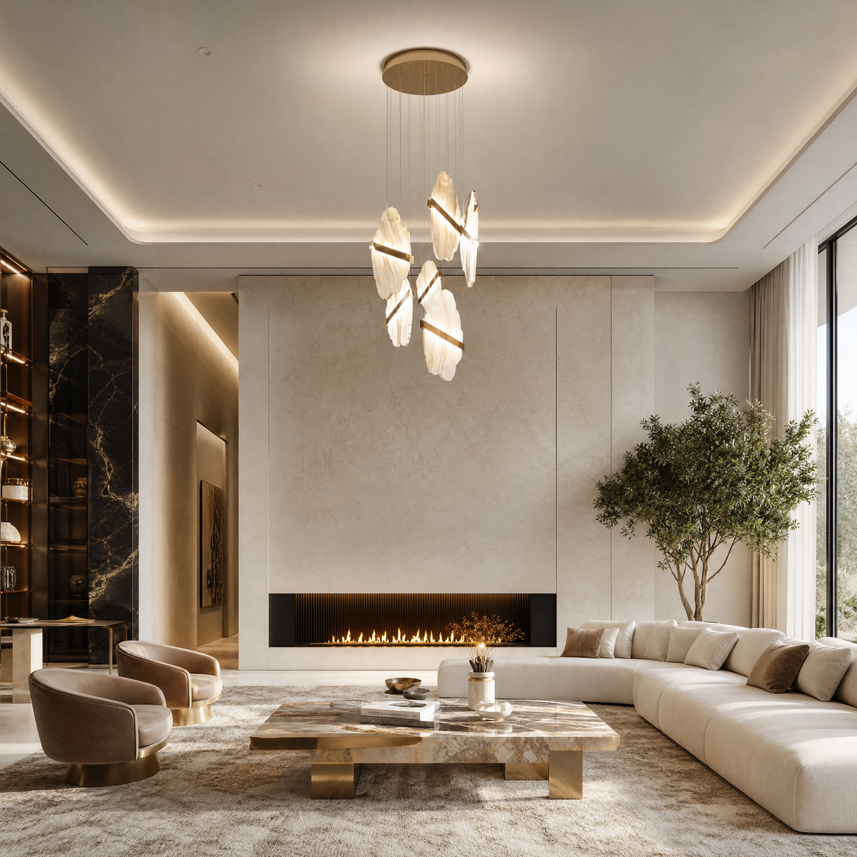 Gold-White Alabaster LED Chandelier with Seven Panels