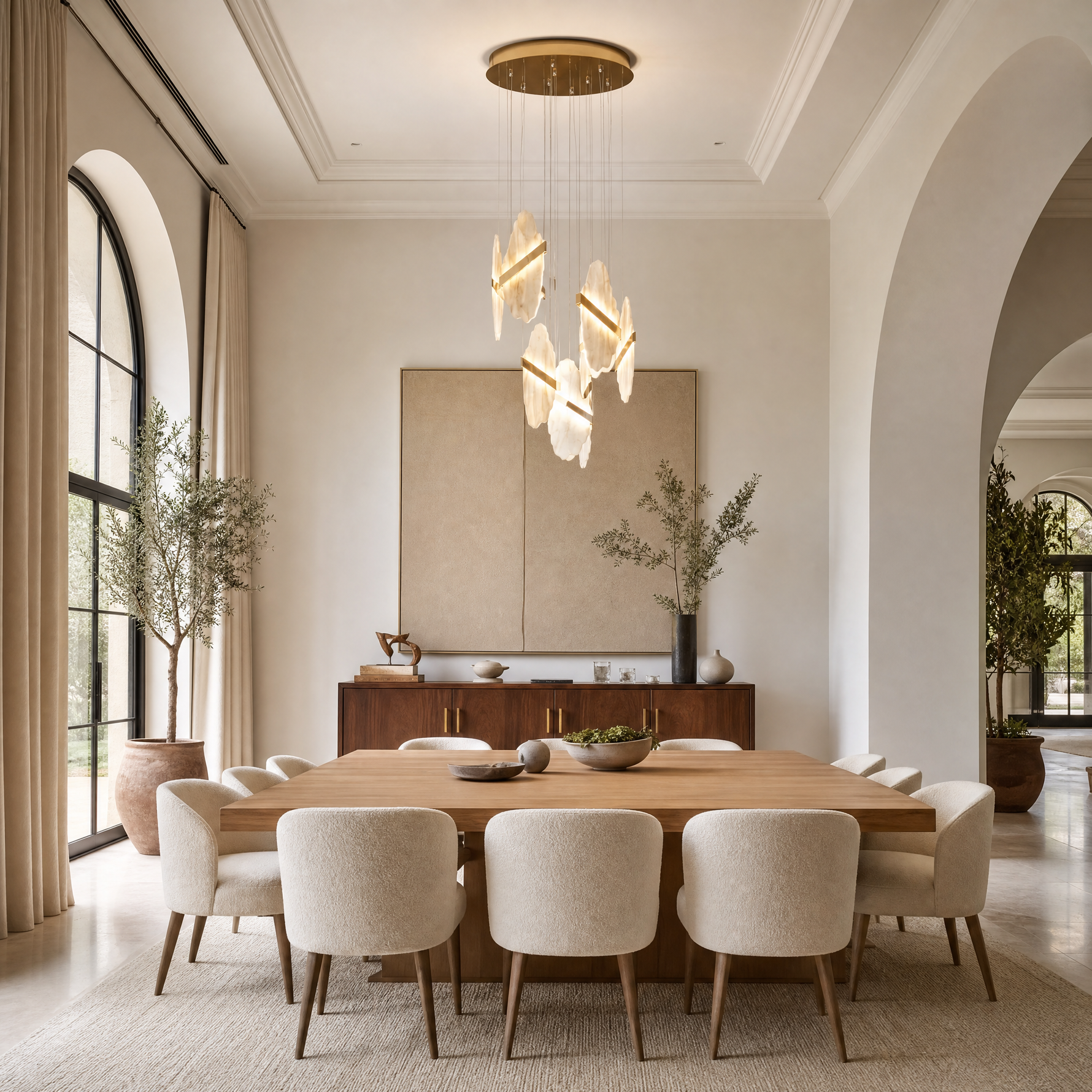 Gold-White Alabaster LED Chandelier with Seven Panels