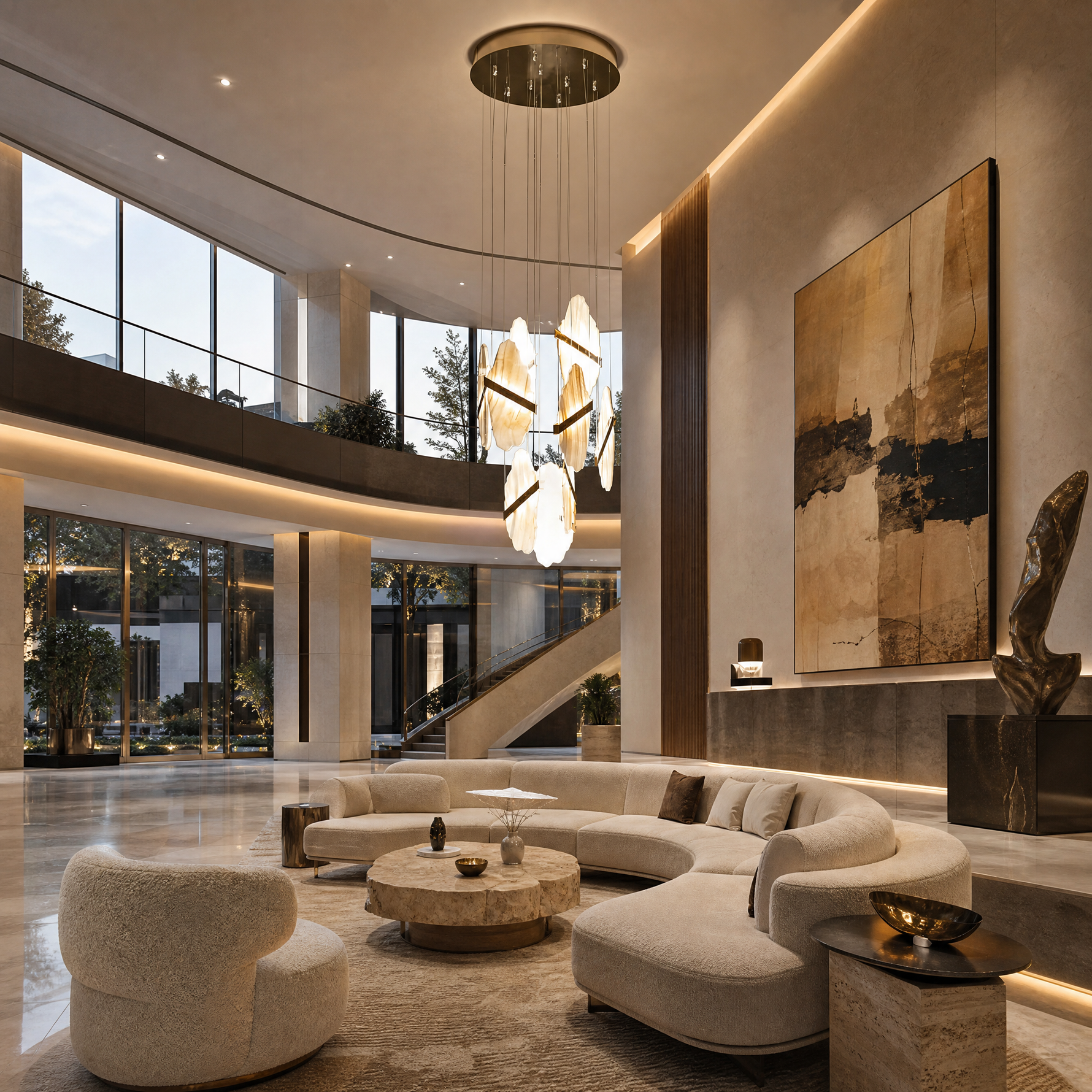 Gold-White Alabaster LED Chandelier with Seven Panels