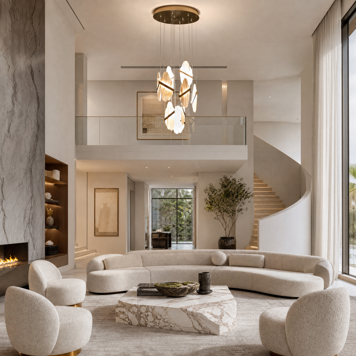 Gold-White Alabaster LED Chandelier with Seven Panels