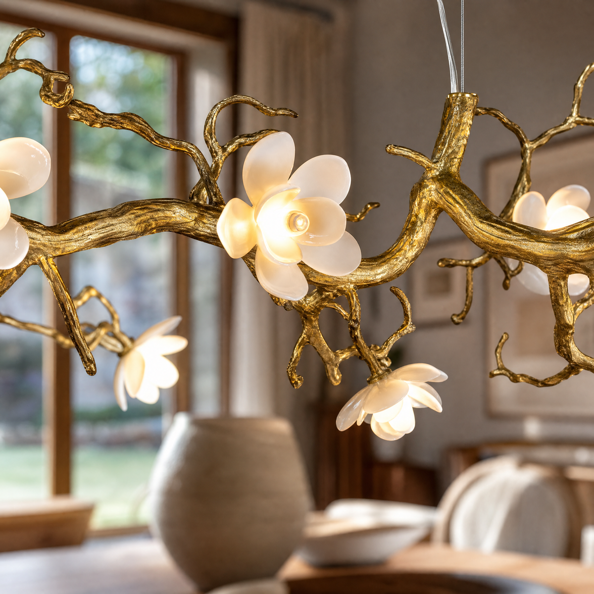 A gold metal tree branch chandelier with frosted glass floral shades hanging against a neutral background.