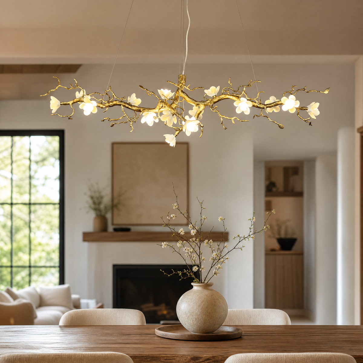 A gold metal tree branch chandelier with frosted glass floral shades hanging against a neutral background.