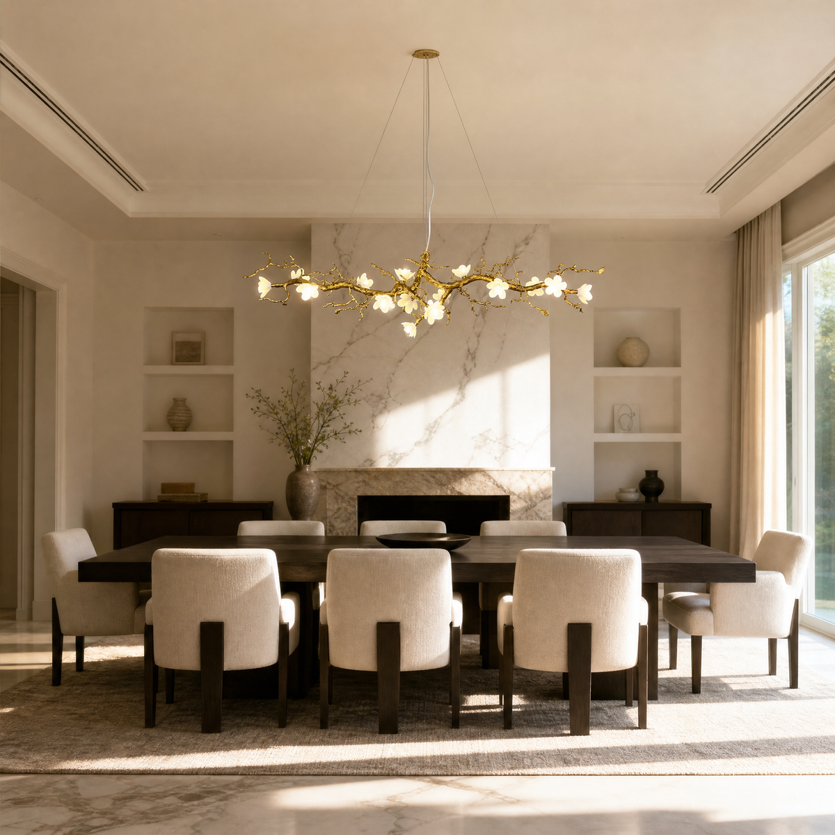 A gold metal tree branch chandelier with frosted glass floral shades hanging against a neutral background.