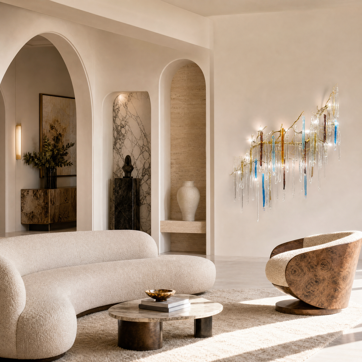 Golden Branch Cascade Crystal Wall Sconce With Blue And Amber Accents