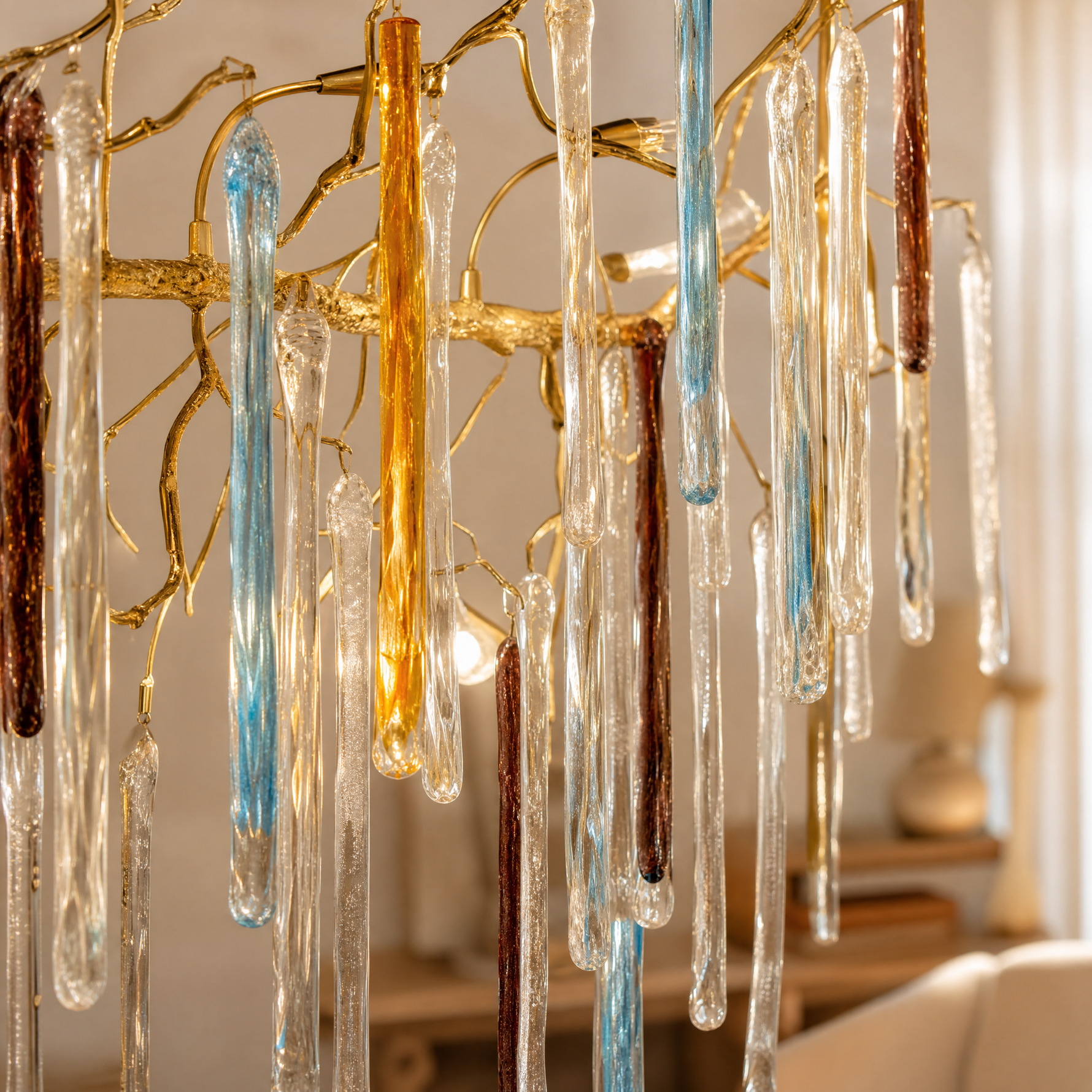 Golden Branch Cascade Crystal Wall Sconce With Blue And Amber Accents