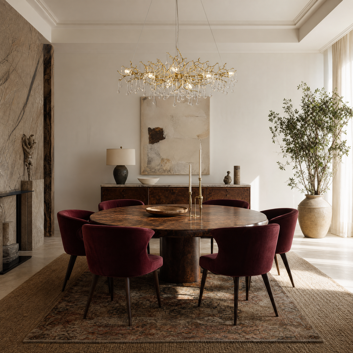 A gold metal branch chandelier with hanging clear crystal raindrops suspended by cables in a room.