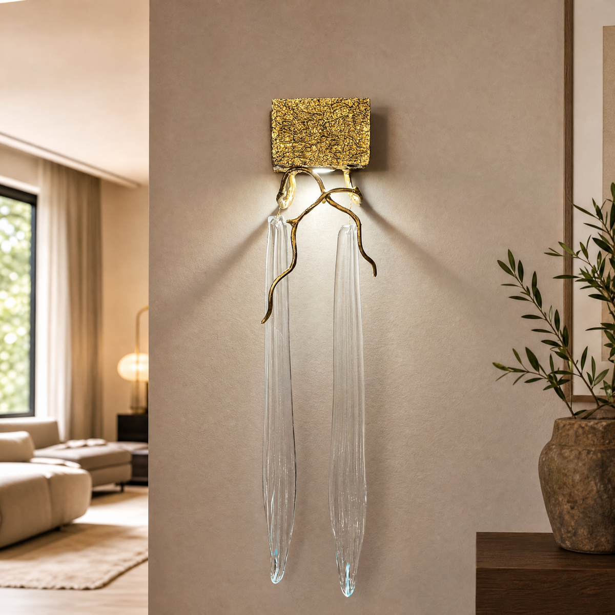A textured gold metal wall sconce with organic branch accents and elongated fluted clear crystal pendants.