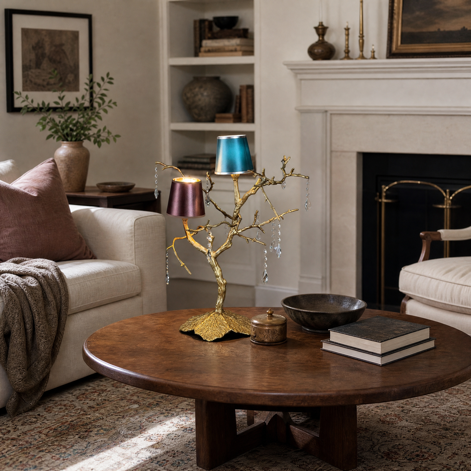 A decorative table lamp with a textured gold branch frame, hanging clear crystal droplets, and dual teal and purple shades.