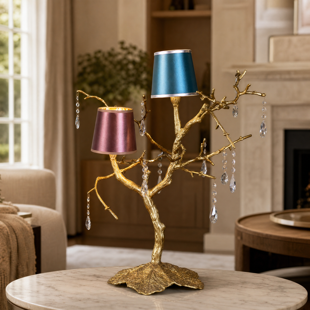 A decorative table lamp with a textured gold branch frame, hanging clear crystal droplets, and dual teal and purple shades.