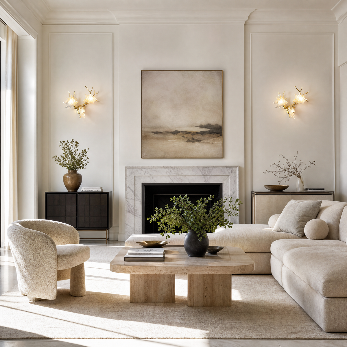 A Yiosi gold metal wall sconce featuring a maple branch design with three floral glass petal shades for ambient lighting.