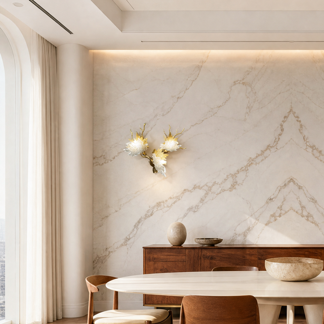 A Yiosi gold metal wall sconce featuring a maple branch design with three floral glass petal shades for ambient lighting.