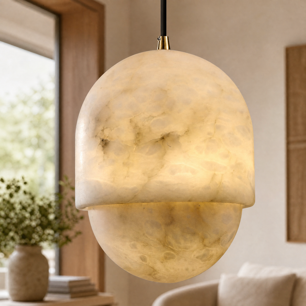 Hollis Minimalist Brass Alabaster Pendant Light 8.3" D