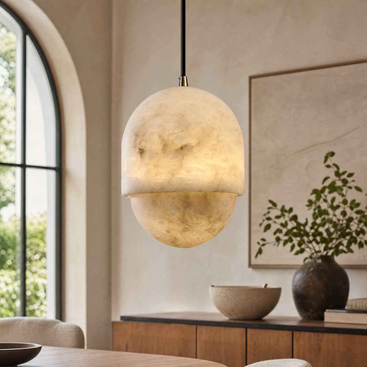 Hollis Minimalist Brass Alabaster Pendant Light 8.3" D