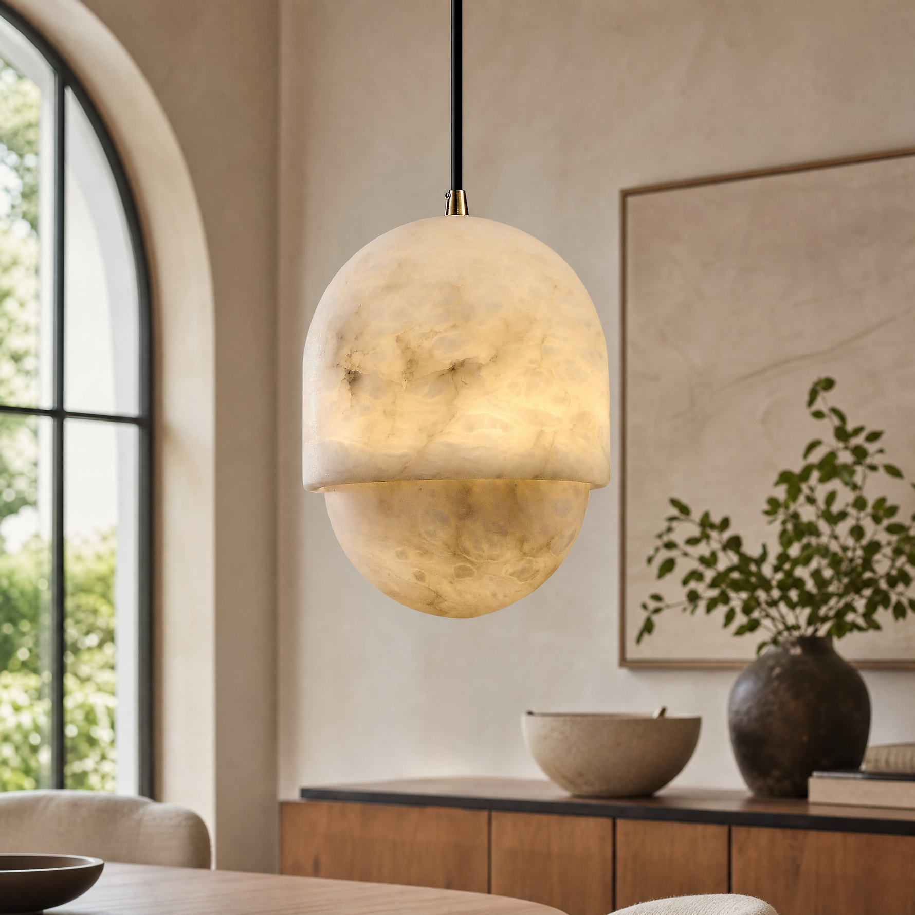 Hollis Minimalist Brass Alabaster Pendant Light 8.3" D